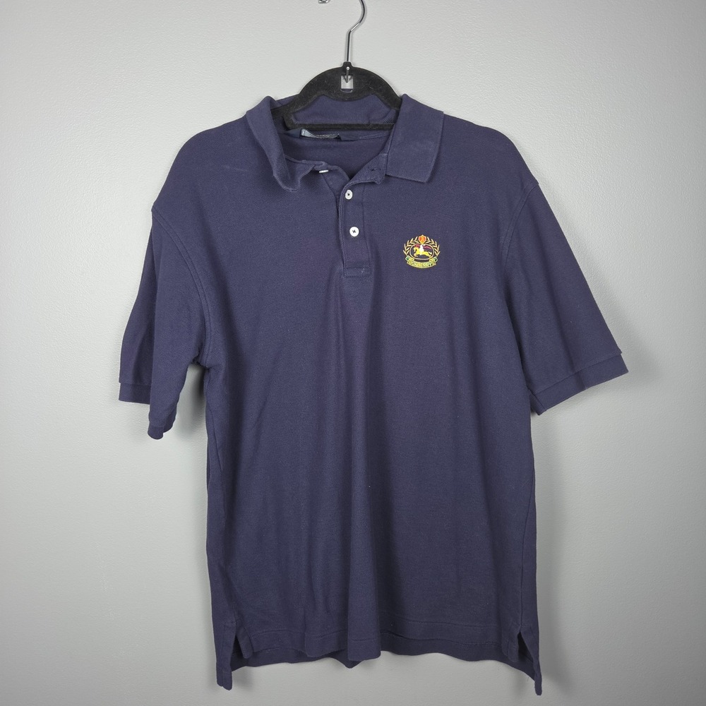 Burberrys Men's L Polo Shirt Embroidered Crest Vintage 90s Navy Blue Made USA